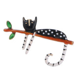 Lazy Cat Sitting on Tree Enamel Brooch, Whimsical Jewelry