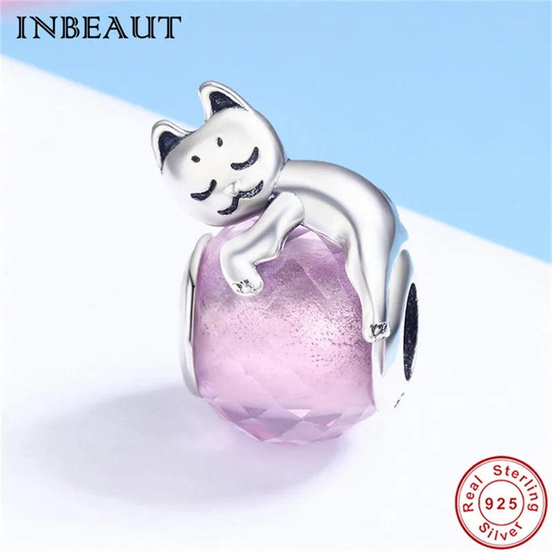925 Silver Pink Zircon Sleeping Kitten Charm Bracelet