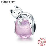 925 Silver Pink Zircon Sleeping Kitten Charm Bracelet