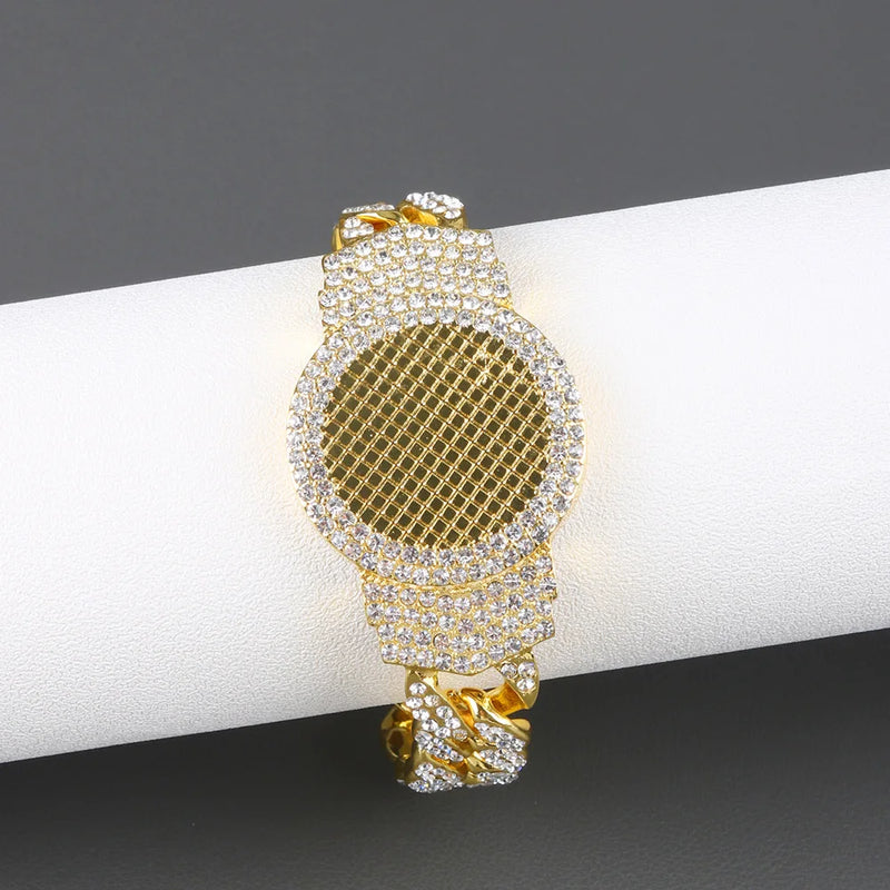 CZ Silver Watch Look Heavy Cuban Chain Bracelet
