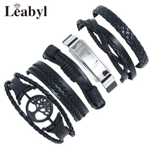 Vintage Wrap Bracelet Set Retro Cow Leather Strap Punk Bracelet Men