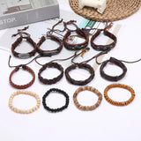 Leabyl Antique Letter Pattern Rivet Wood Bead Vintage Leather Bracelet