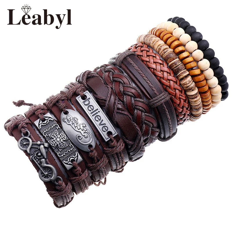 Leabyl Antique Letter Pattern Rivet Wood Bead Vintage Leather Bracelet