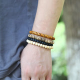Leabyl Antique Letter Pattern Rivet Wood Bead Vintage Leather Bracelet