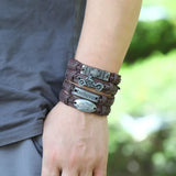 Leabyl Antique Letter Pattern Rivet Wood Bead Vintage Leather Bracelet