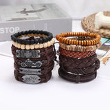 Leabyl Antique Letter Pattern Rivet Wood Bead Vintage Leather Bracelet