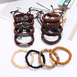 Leabyl Antique Letter Pattern Rivet Wood Bead Vintage Leather Bracelet