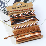 Leabyl Vintage Series Braided Leather Bracelet Men Light Brown 6 Pcs Set
