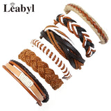 Leabyl Vintage Series Braided Leather Bracelet Men Light Brown 6 Pcs Set