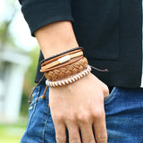 Leabyl Vintage Series Braided Leather Bracelet Men Light Brown 6 Pcs Set