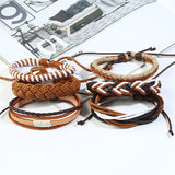 Leabyl Vintage Series Braided Leather Bracelet Men Light Brown 6 Pcs Set
