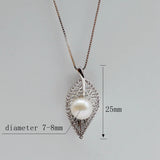 Leaf Pendant Necklace Round Natural Freshwater Pearl Women's Silver Pendant Neck