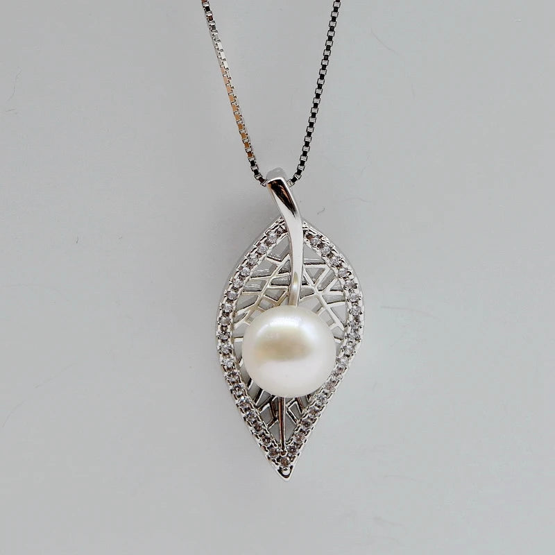 Leaf Pendant Necklace Round Natural Freshwater Pearl Women's Silver Pendant Neck