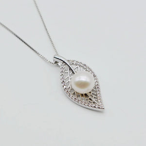 Leaf Pendant Necklace Round Natural Freshwater Pearl Women's Silver Pendant Neck