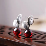 Leaf S925 Sterling Silver Earrings Spring Red Pearl Folk Earrings