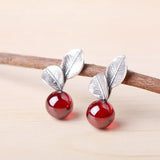 Leaf S925 Sterling Silver Earrings Spring Red Pearl Folk Earrings