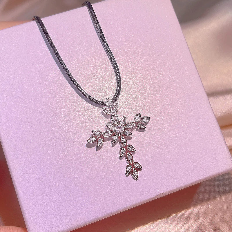 Leaf Shaped Zirconia Cross Charm Pendant Necklace