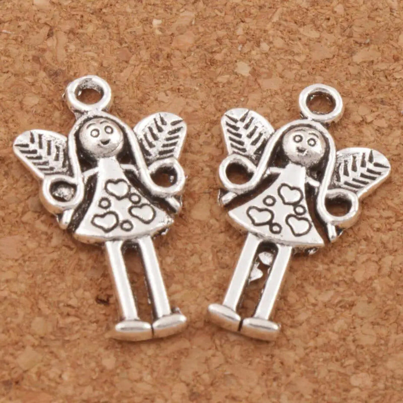 25Pcs Leaf Wing Heart Angel Girl Charm Beads Zinc Alloy Pendants DIY 25.1x14.7mm