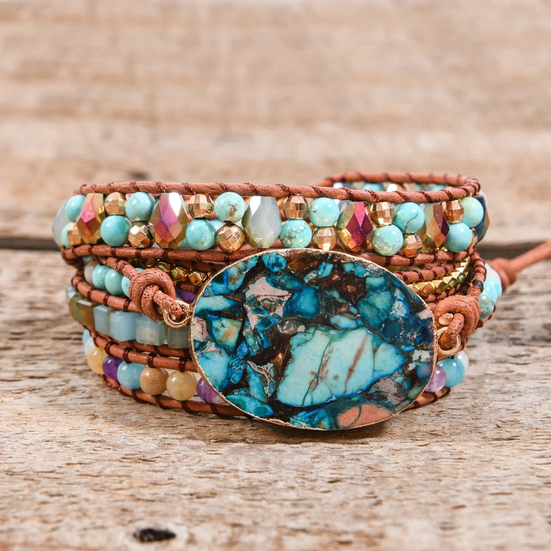 Leather Bracelet Natural Stone Mix Chain 5 Strands Woven Wrap Bracelets
