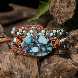 Leather Bracelet Natural Stone Mix Chain 5 Strands Woven Wrap Bracelets