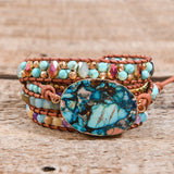 Leather Bracelet Natural Stone Mix Chain 5 Strands Woven Wrap Bracelets
