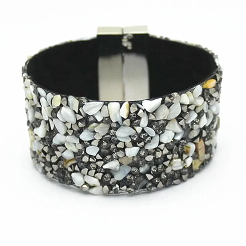 Leather Bracelet Cuff Natural Stone Women Magnetic Clasp