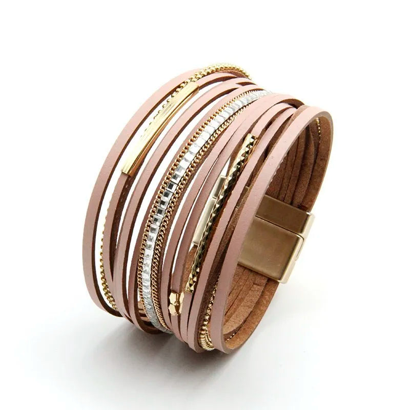 Leather Bracelet for Women X Cross Magnet Snake Skin Rhinestone Wrap