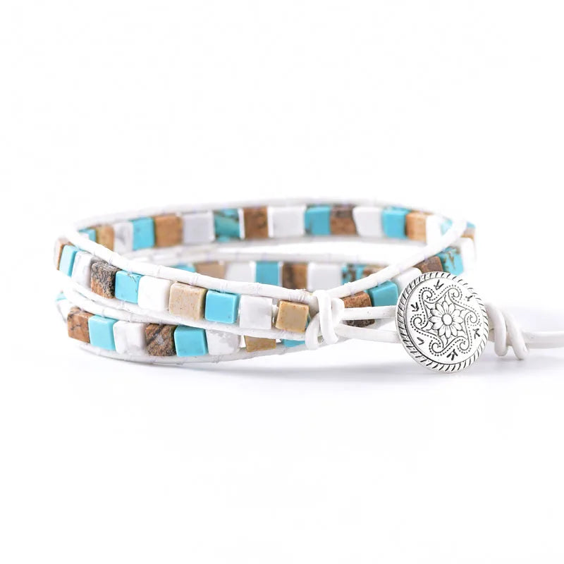 Boho Natural Stone Leather Bracelet Bundle - Summer Women Jewelry