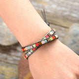 Leather Bracelets Mix Square Natural Stones 2 Strands Leather Wrap Bracelets