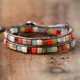 Leather Bracelets Mix Square Natural Stones 2 Strands Leather Wrap Bracelets