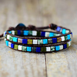 Leather Bracelets Mix Square Natural Stones 2 Strands Leather Wrap Bracelets