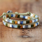 Leather Bracelets Mix Square Natural Stones 2 Strands Leather Wrap Bracelets