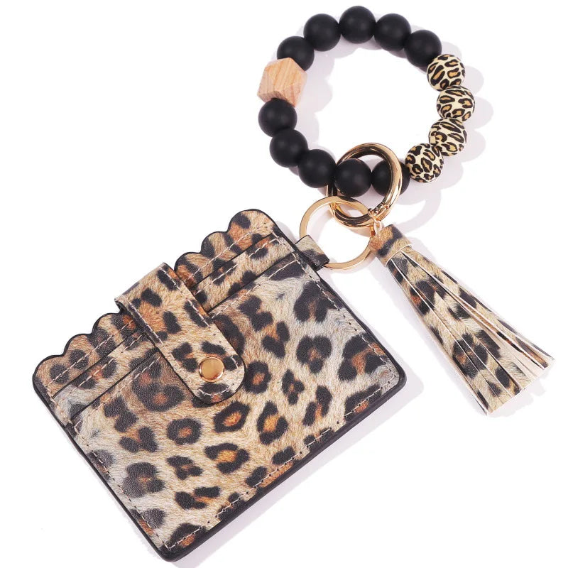 Leather Case Wristlet Beaded Bracelet Keychain Wallet