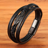 Men's Leather Feather Bracelet, Stainless Steel, Special Birthday Gift
