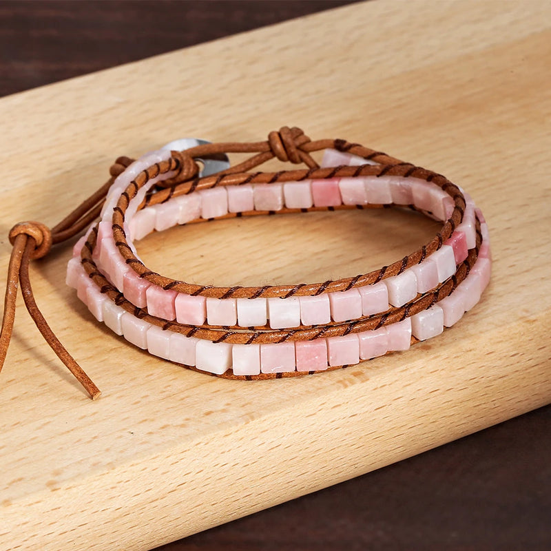 Pink Opal Stone 2 Wraps Bracelet Handwoven Bohemain Women Bracelet