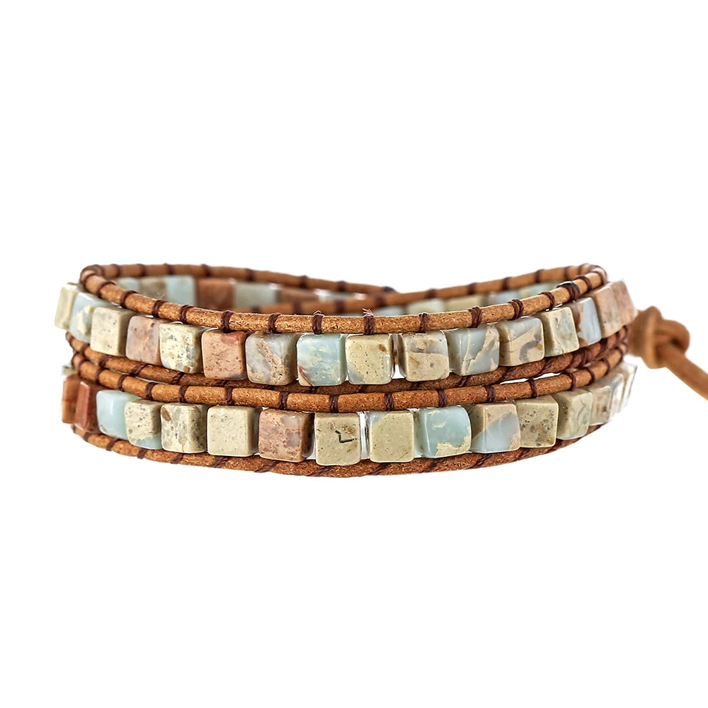 Leather Stone Bracelet with Square Agalmatolite Beads