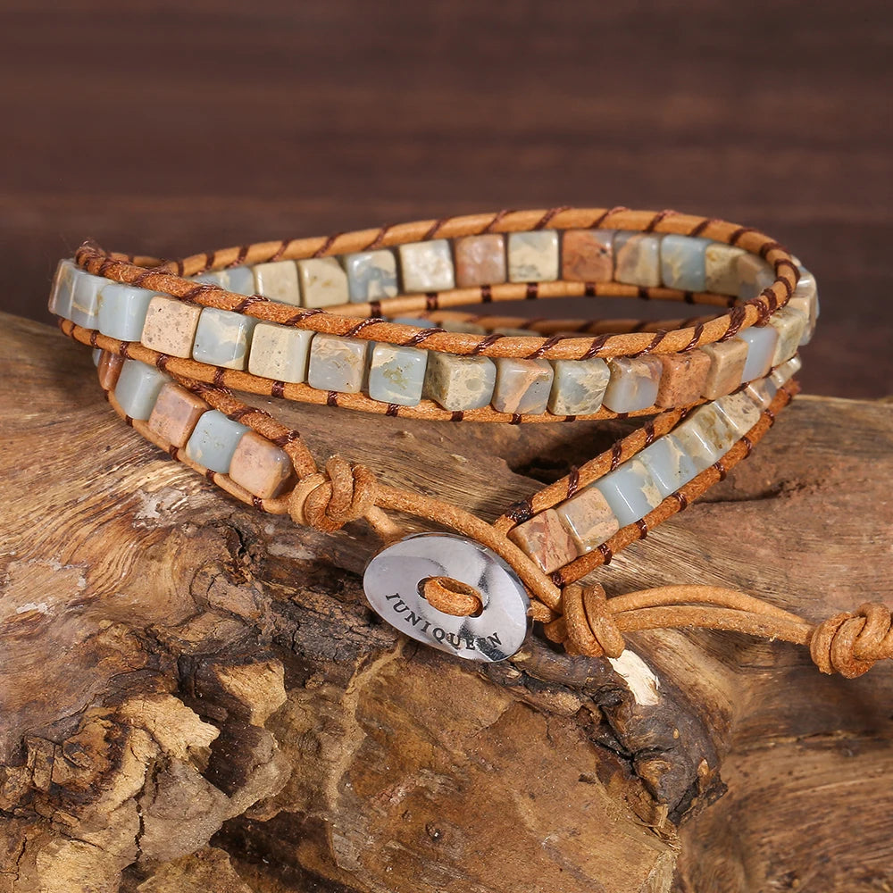 Leather Stone Bracelet with Square Agalmatolite Beads