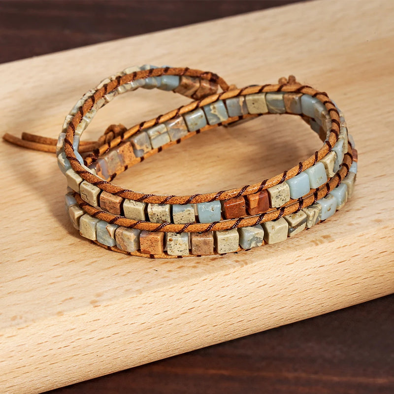 Leather Stone Bracelet with Square Agalmatolite Beads
