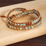 Leather Stone Bracelet with Square Agalmatolite Beads