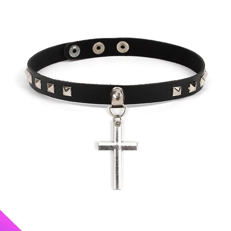 Leather PU Collar Necklace Cross Pendant Ladies Retro Necklace Faith Amulet