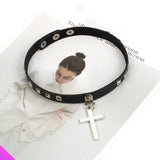 Leather PU Collar Necklace Cross Pendant Ladies Retro Necklace Faith Amulet