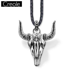 Leather Rope Necklace Bull Head Oxhead 925 Sterling Silver Vintage Jewelry