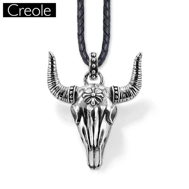 Leather Rope Necklace Bull Head Oxhead 925 Sterling Silver Vintage Jewelry