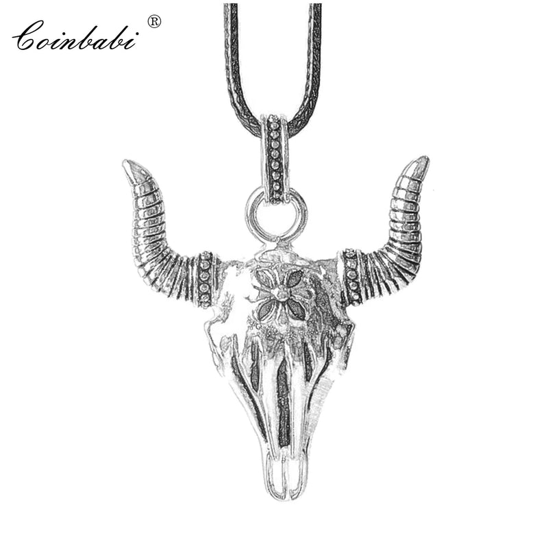 Leather Rope Chain Necklace Bull Head Oxhead Gift For Men