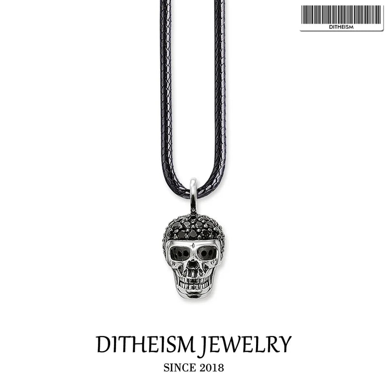 Leather Rope Necklace Skull CZ 925 Sterling Silver Jewelry European Punk Gift