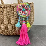 Boho Style Leather Tassel Keychain with Colorful Pompons