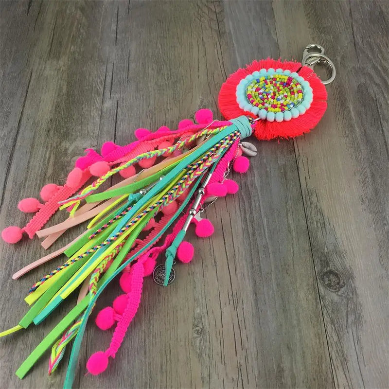 Boho Style Leather Tassel Keychain with Colorful Pompons