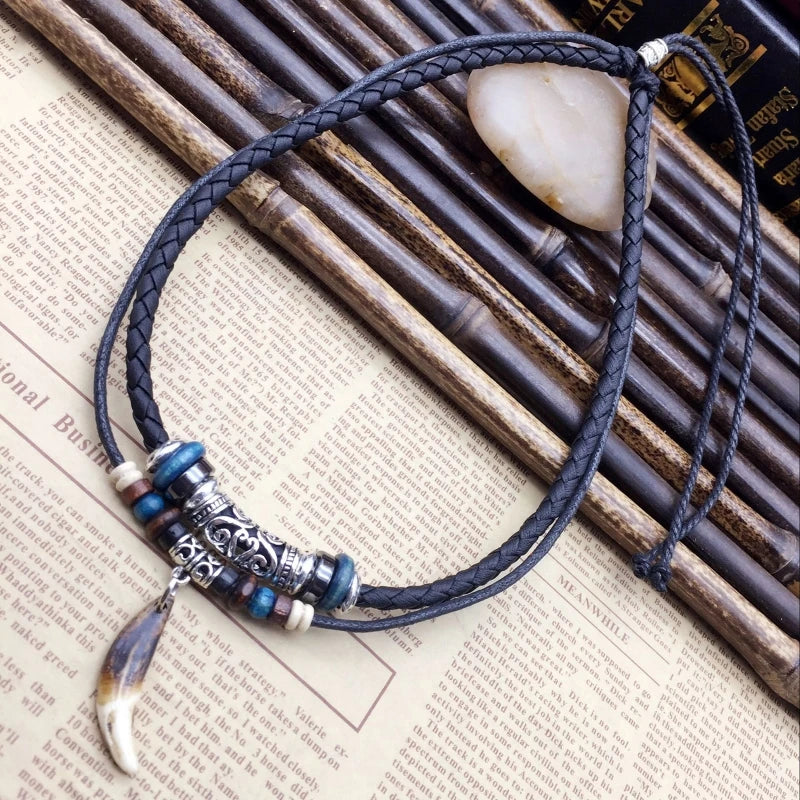Bohemian Leather Tribal Necklace Beads Choker Dog Tooth Pendant Jewelry