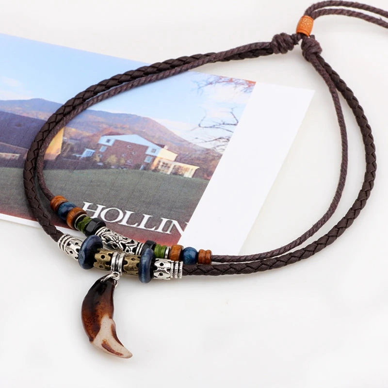 Bohemian Leather Tribal Necklace Beads Choker Dog Tooth Pendant Jewelry