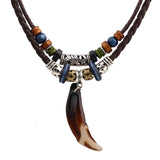 Bohemian Leather Tribal Necklace Beads Choker Dog Tooth Pendant Jewelry